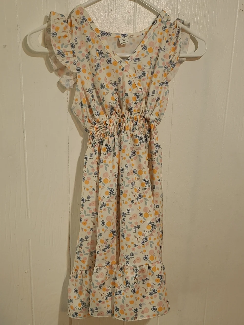 SHEIN Youth 8 Girls White Floral Smocked Casual Dress with Yellow & Blue Prints